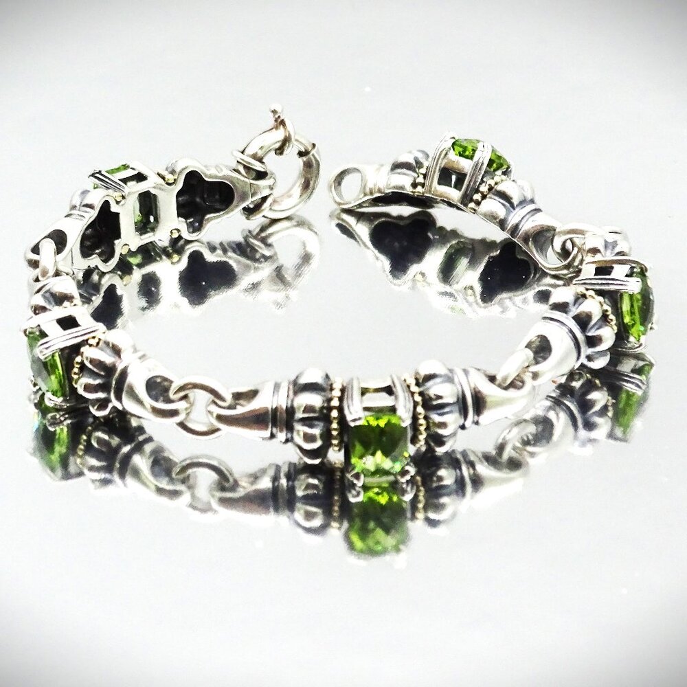 LAGOS Caviar Sterling Silver 18K Yellow Gold Faceted Green Peridot Link Bracelet - Picture 2 of 13